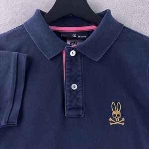 Psycho Bunny Pique Polo Shirt Kids Size Large Navy Skull‎ Logo Cotton Preppy